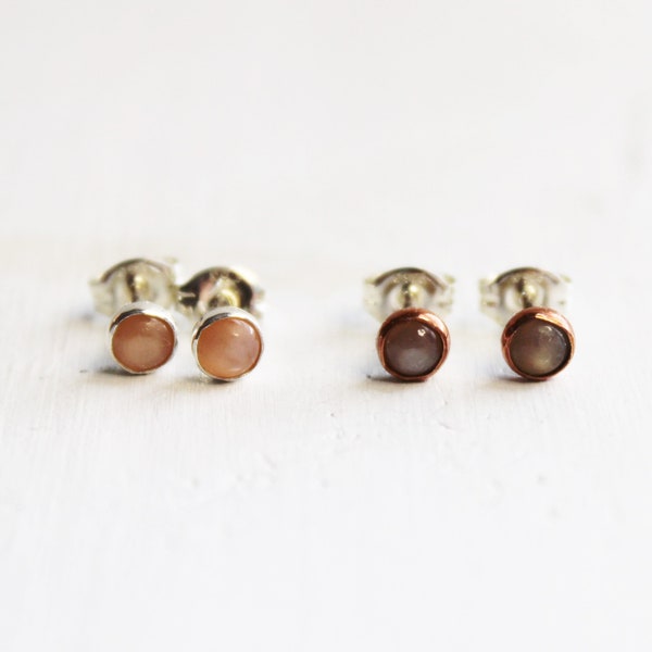 4mm Peach Moonstone Studs, Peach Moonstone Earrings