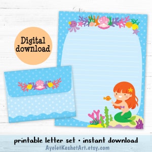 Papel de escritura imprimible Dulce Sirenita / Papelería Kawaii papel de carta ilustrado y sobre / Descarga instantánea de archivo digital