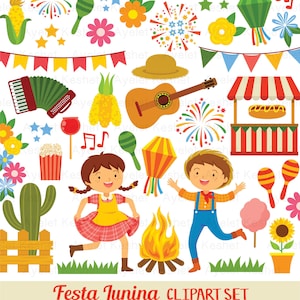 Conjunto de clipart digital para Festa Junina. Elementos gráficos e ilustrações fofas, para uso pessoal e comercial. Arquivos vetoriais PNG e EPS.