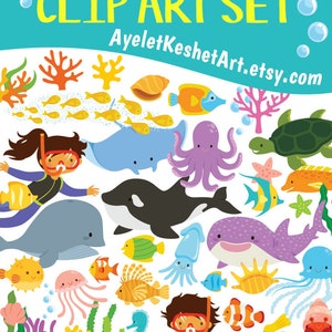 May include: A colorful clip art set featuring various sea creatures, including a whale, octopus, seahorse, starfish, and a variety of fish. There are also coral reefs, seashells, and bubbles. The text "sea life CLIP ART SET" and "AyeletKeshetArt.etsy.com" are included in the image.