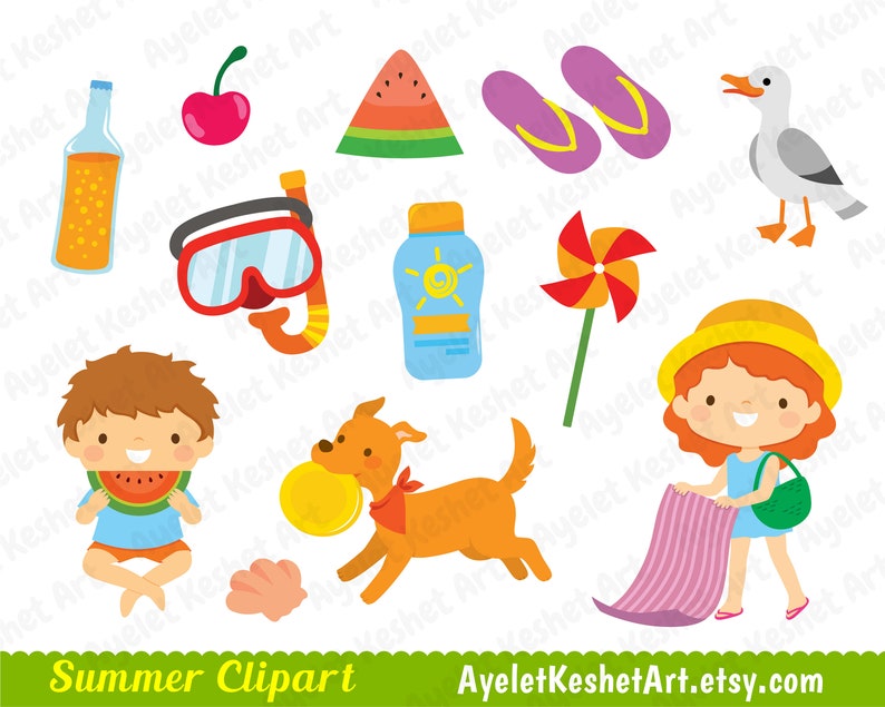 May include: A set of colorful summer clip art illustrations, including a watermelon, a beach towel, a dog, a child eating watermelon, a child with a beach bag, a bottle of sunscreen, a pair of flip flops, a cherry, a snorkel, a pinwheel, a seagull, and a bottle of juice.