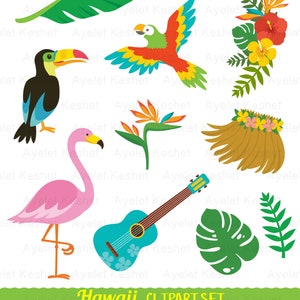 Puede incluir: Un conjunto de clipart de tem&aacute;tica hawaiana colorido que incluye un tuc&aacute;n, un loro, un flamenco, un ukelele, flores de hibisco, un collar de flores y hojas tropicales. El clipart es perfecto para crear invitaciones, tarjetas y otras manualidades.