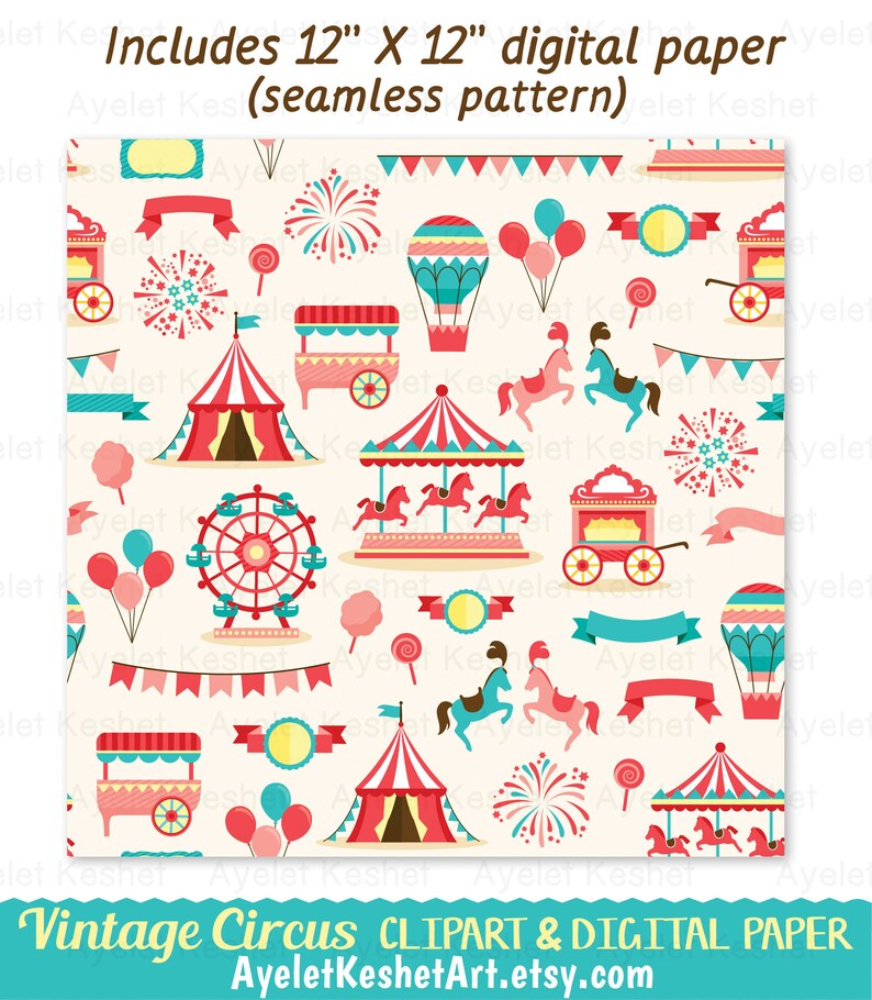 May include: A seamless digital paper pattern featuring a vintage circus theme. The pattern includes a red and white striped tent, a carousel with horses, a Ferris wheel, a hot air balloon, fireworks, and other circus elements. The pattern is on a cream background.