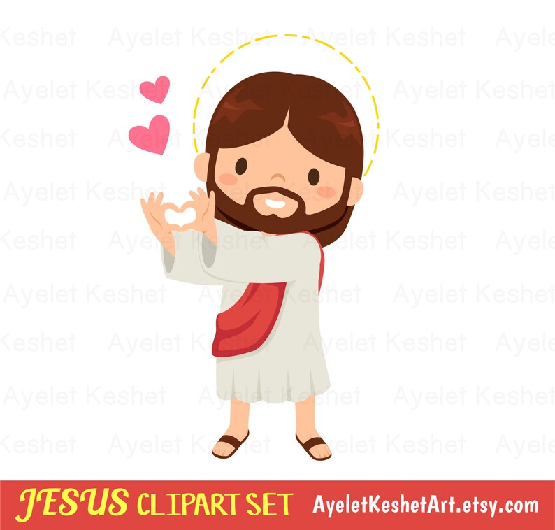 May include: A cartoon illustration of Jesus making a heart shape with his hands. He is wearing a white robe with a red sash and has a halo above his head. The background is white with the text "JESUS CLIPART SET AyeletKeshetArt.etsy.com".