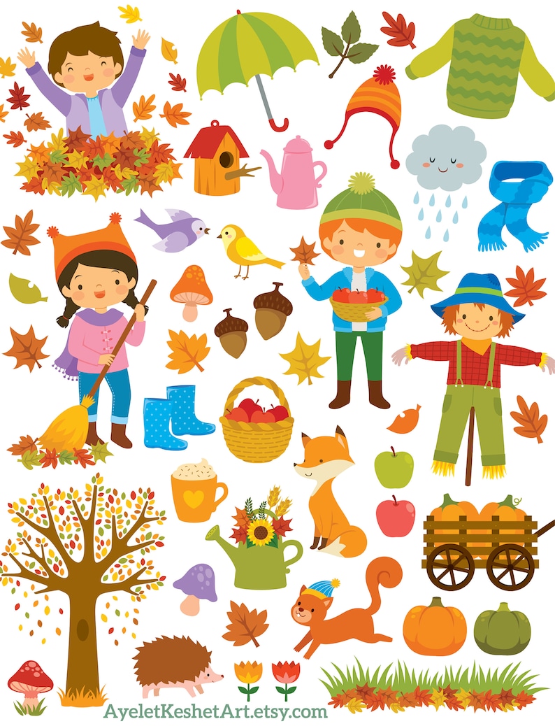 Cute fall clipart set with autumn leaves, kids, forest animals and items for fall. Personal & commercial use. PNG, SVG, EPS vector files. image 8