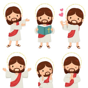 May include: Clip art set of six illustrations of Jesus in different poses. Each illustration features a cartoon-style Jesus with a halo, beard, and long hair. The poses include Jesus holding a book, making a heart shape with his hands, and praying with his hands clasped.