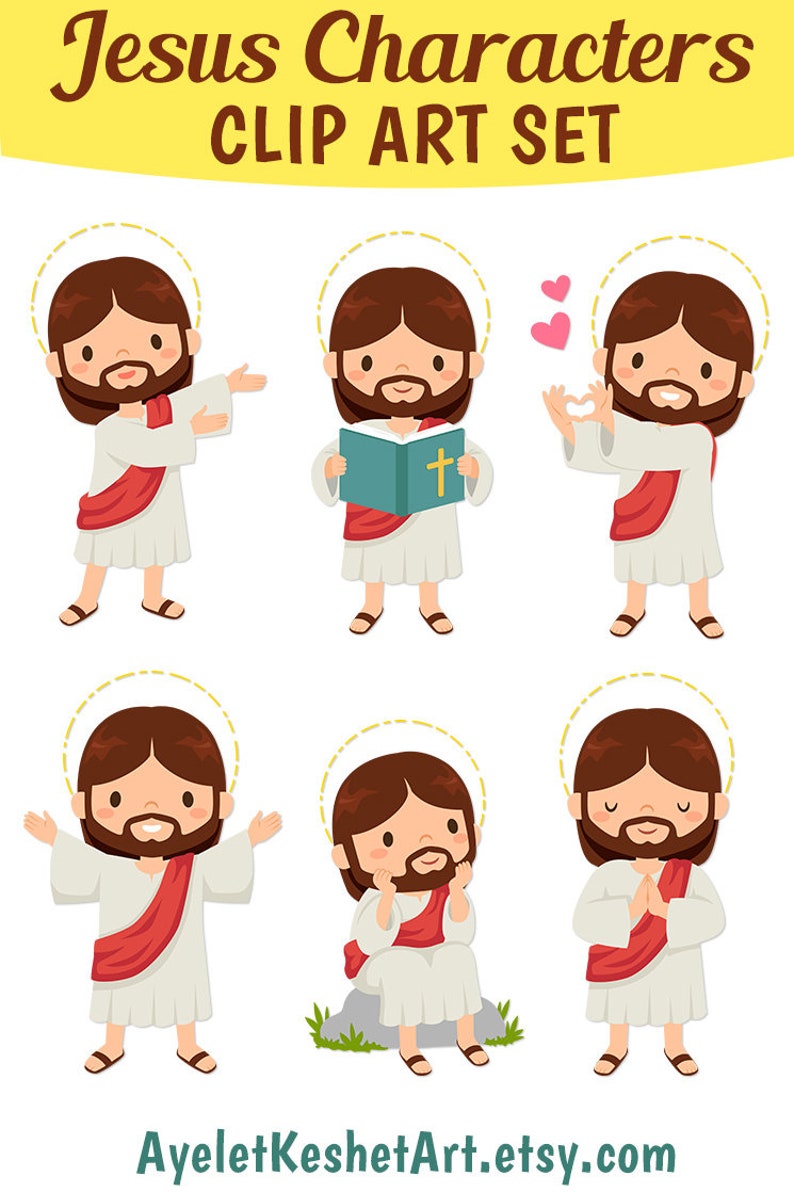 May include: Clip art set of six illustrations of Jesus in different poses. Each illustration features a cartoon-style Jesus with a halo, beard, and long hair. The poses include Jesus holding a book, making a heart shape with his hands, and praying with his hands clasped.