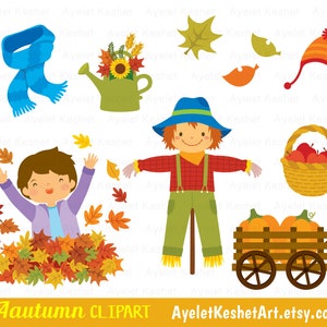 Cute fall clipart set with autumn leaves, kids, forest animals and items for fall. Personal & commercial use. PNG, SVG, EPS vector files. image 4