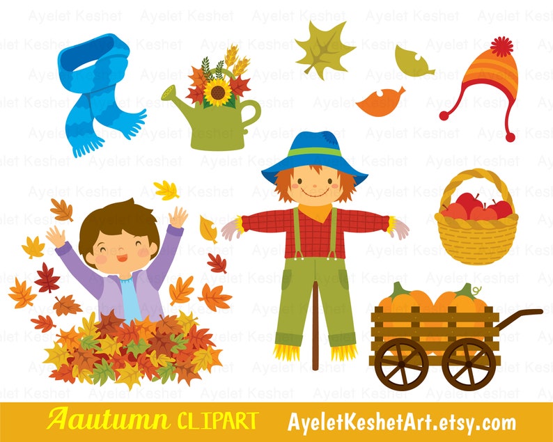 Cute fall clipart set with autumn leaves, kids, forest animals and items for fall. Personal & commercial use. PNG, SVG, EPS vector files. image 4