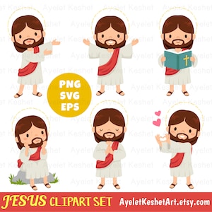 Conjunto de clipart de Jesus. Clipart digital com ilustrações fofas de Jesus em diversas poses. Para uso pessoal e comercial. Arquivos PNG, SVG, EPS.