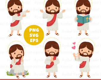 Jesus clipart set. Digital clipart of cute Jesus illustrations in various poses. For personal & commercial use. PNG, SVG, EPS files.