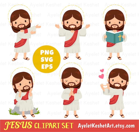 Jesus clipart set. Digital clipart of cute Jesus illustrations in various poses. For personal & commercial use. PNG, SVG, EPS files.