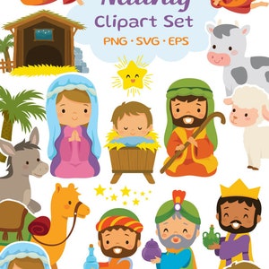 Nativity clipart set for Christmas. Digital clipart bundle with cute illustrations of baby Jesus, Mary and others. PNG, SVG, EPS files. image 8