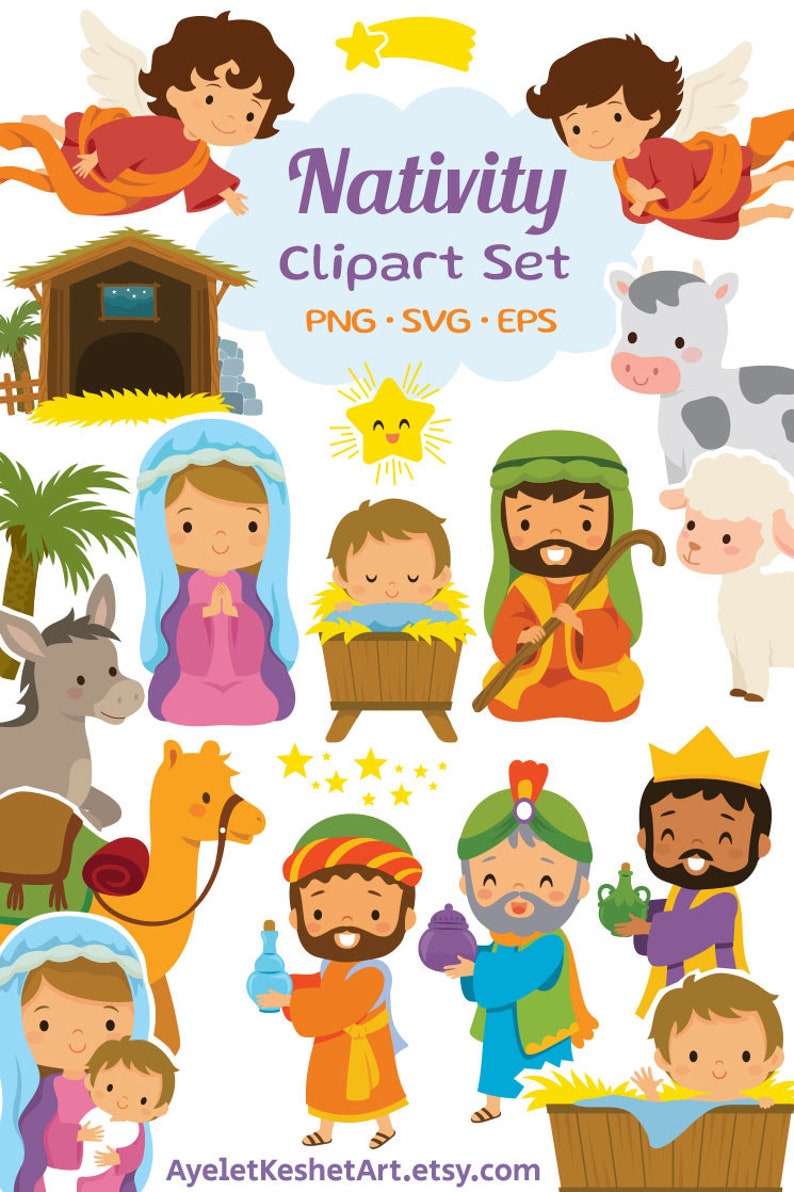 Nativity clipart set for Christmas. Digital clipart bundle with cute illustrations of baby Jesus, Mary and others. PNG, SVG, EPS files. image 8