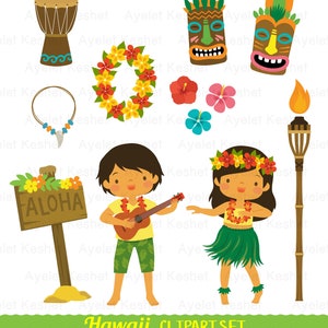 Puede incluir: Un conjunto de clipart digital con una bailarina de hula, un jugador de ukelele, una m&aacute;scara tiki, un collar de flores, una antorcha, una corona de flores, un collar y un cartel que dice "ALOHA".