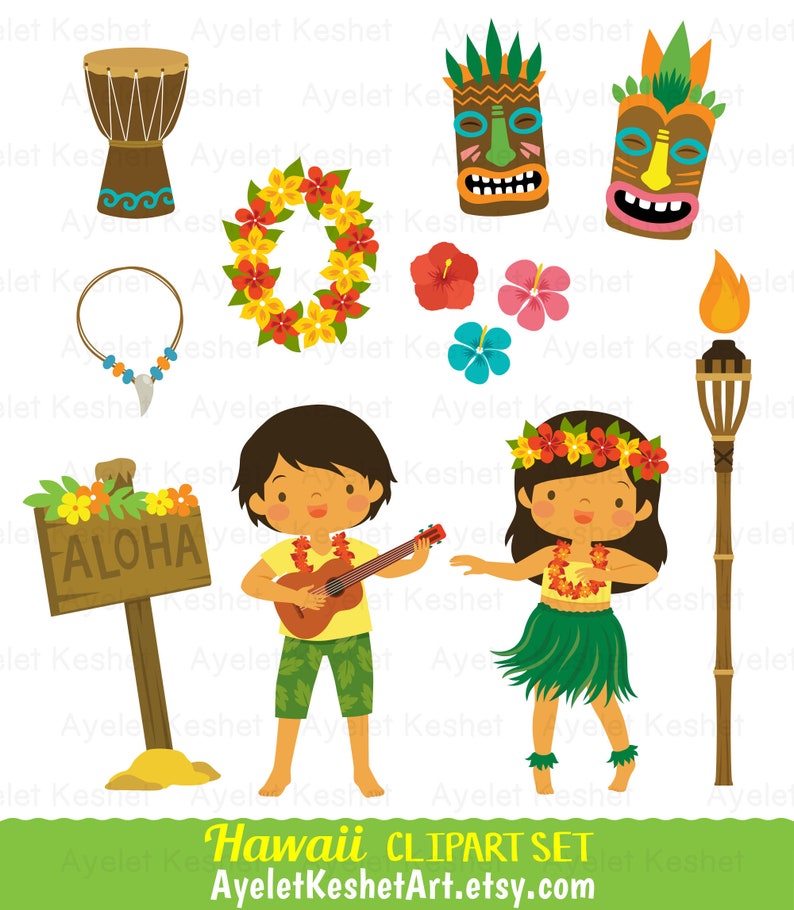 Puede incluir: Un conjunto de clipart digital con una bailarina de hula, un jugador de ukelele, una m&aacute;scara tiki, un collar de flores, una antorcha, una corona de flores, un collar y un cartel que dice "ALOHA".