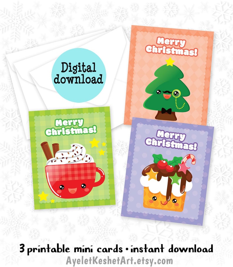 Set of 3 Mini Printable Merry Christmas Cards & Envelope Template ...