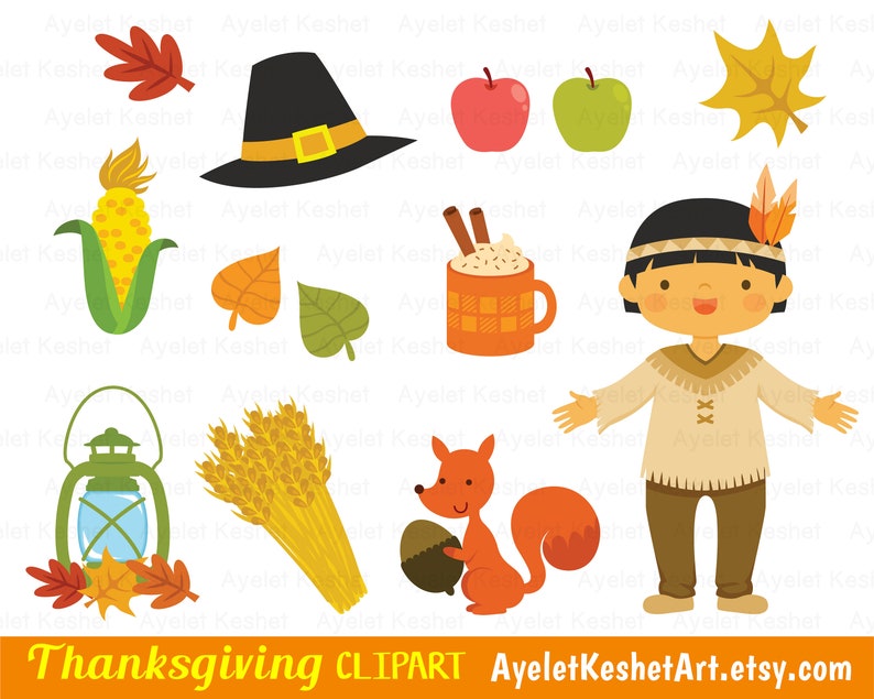 Thanksgiving clipart set with natives and pilgrims, autumn leaves, pumpkins and items for fall. PNG, SVG, EPS vector files. image 5