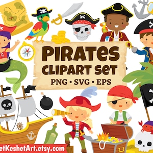 Lot de cliparts pirates. Grande collection de fichiers SVG, PNG et EPS de pirates mignons. Pour un usage personnel et commercial, téléchargement immédiat.