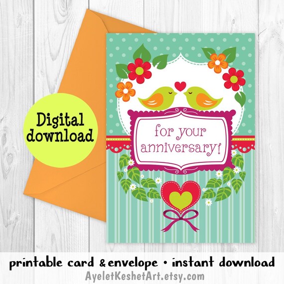 Happy Anniversary Card Birds And Flowers Printable Etsy