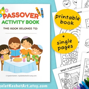 May include: A printable Passover activity book with a colorful cover featuring a family celebrating Passover. The book includes a variety of activities such as word searches, mazes, and spot the difference games. The book also includes single pages that can be printed out and used separately.