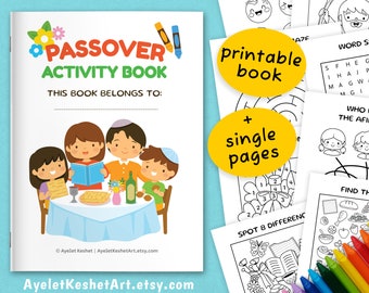 Printable Passover activity book for kids. Activity pages, puzzles and coloring page for the Seder. Digital files, Instant download (PDF)