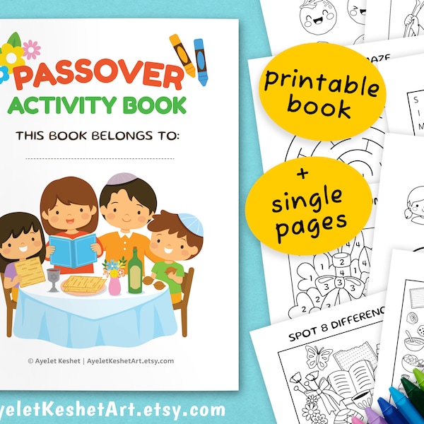 Printable Passover activity book for kids. Activity pages, puzzles and coloring page for the Seder. Digital files, Instant download (PDF)