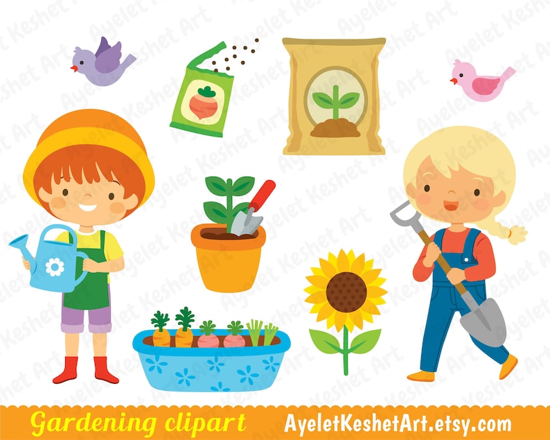 May include: A set of gardening clipart featuring two children, one with a watering can and the other with a shovel, along with a variety of gardening tools and plants, including a sunflower, a potted plant, a bag of seeds, and a garden bed with vegetables.