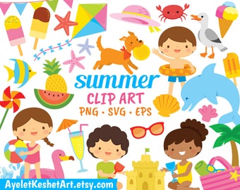 Summer clipart set. Cute beach clipart bundle for personal & commercial use. PNG, EPS, SVG files. instant download of digital clipart.