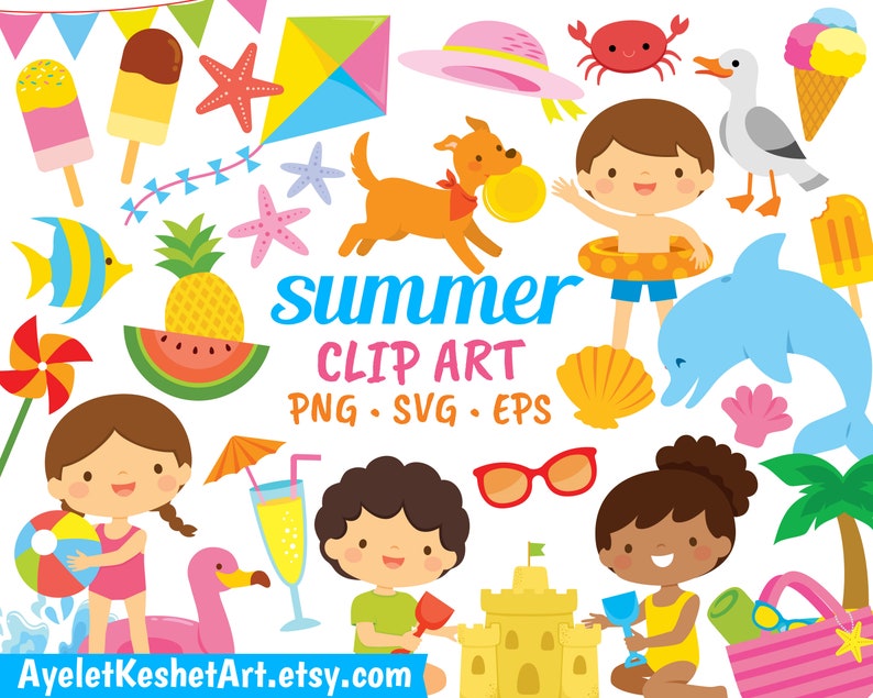 May include: A set of colorful summer clip art illustrations featuring a variety of beach and summer-themed elements, including a watermelon, a pineapple, a seashell, a starfish, a beach umbrella, a sandcastle, a dolphin, a seagull, a crab, a popsicle, a beach ball, a sun hat, a pair of sunglasses, a beach towel, a flamingo, a palm tree, and three children.