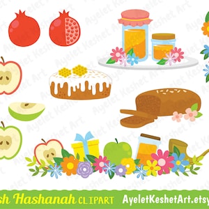 Rosh Hashanah clipart set. Apple and honey, pomegranate, shofar and other symbols of Rosh Hashana Jewish New Year. PNG & EPS vector files. image 4