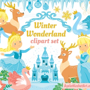 Winter wonderland clipart.  Ice princess, ice castle, winter animals and magical Christmas. PNG, SVG, EPS files. Personal & commercial use.