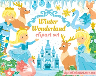 Winter wonderland clipart.  Ice princess, ice castle, winter animals and magical Christmas. PNG, SVG, EPS files. Personal & commercial use.