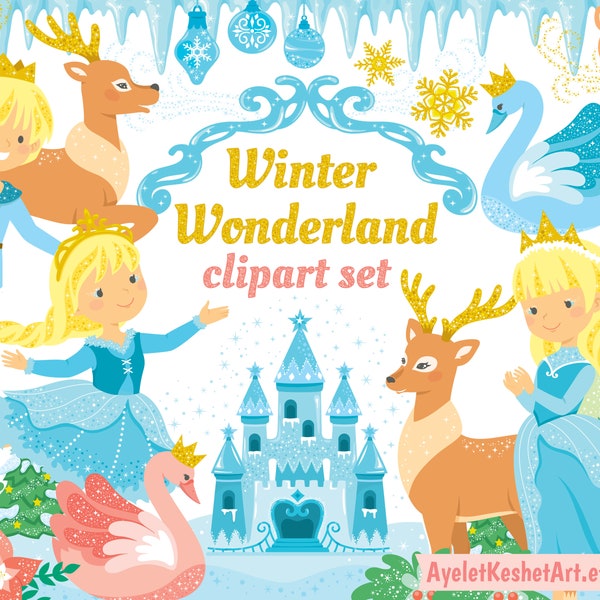 Clipart du pays des merveilles de l’hiver.  Princesse de glace, château de glace, animaux d’hiver et Noël magique. Fichiers PNG, SVG, EPS. Usage personnel et commercial.