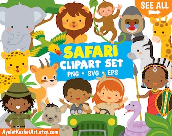 Safari clipart set. Digital clipart bundle of safari animals and kids. PNG, SVG, EPS files. For personal & commercial use.