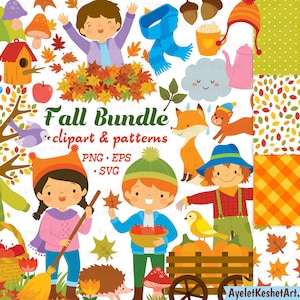 Niedliches Herbst Clipart Set mit Herbstblättern, Kindern, Waldtieren und Herbstartikeln. Persönliche & kommerzielle Nutzung. PNG, SVG, EPS Vektordateien.