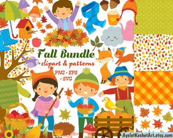 Cute fall clipart set with autumn leaves, kids, forest animals and items for fall. Personal & commercial use. PNG, SVG, EPS vector files.