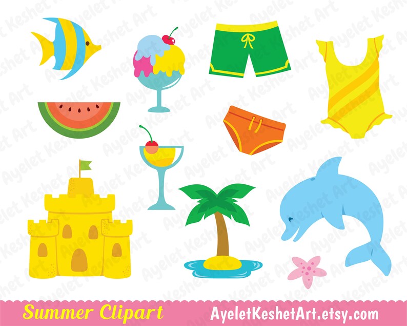 May include: A set of colorful summer clip art images, including a yellow and blue fish, a watermelon, a sandcastle, a palm tree, a dolphin, a swimsuit, a pair of swim trunks, a sundae, and a cocktail.
