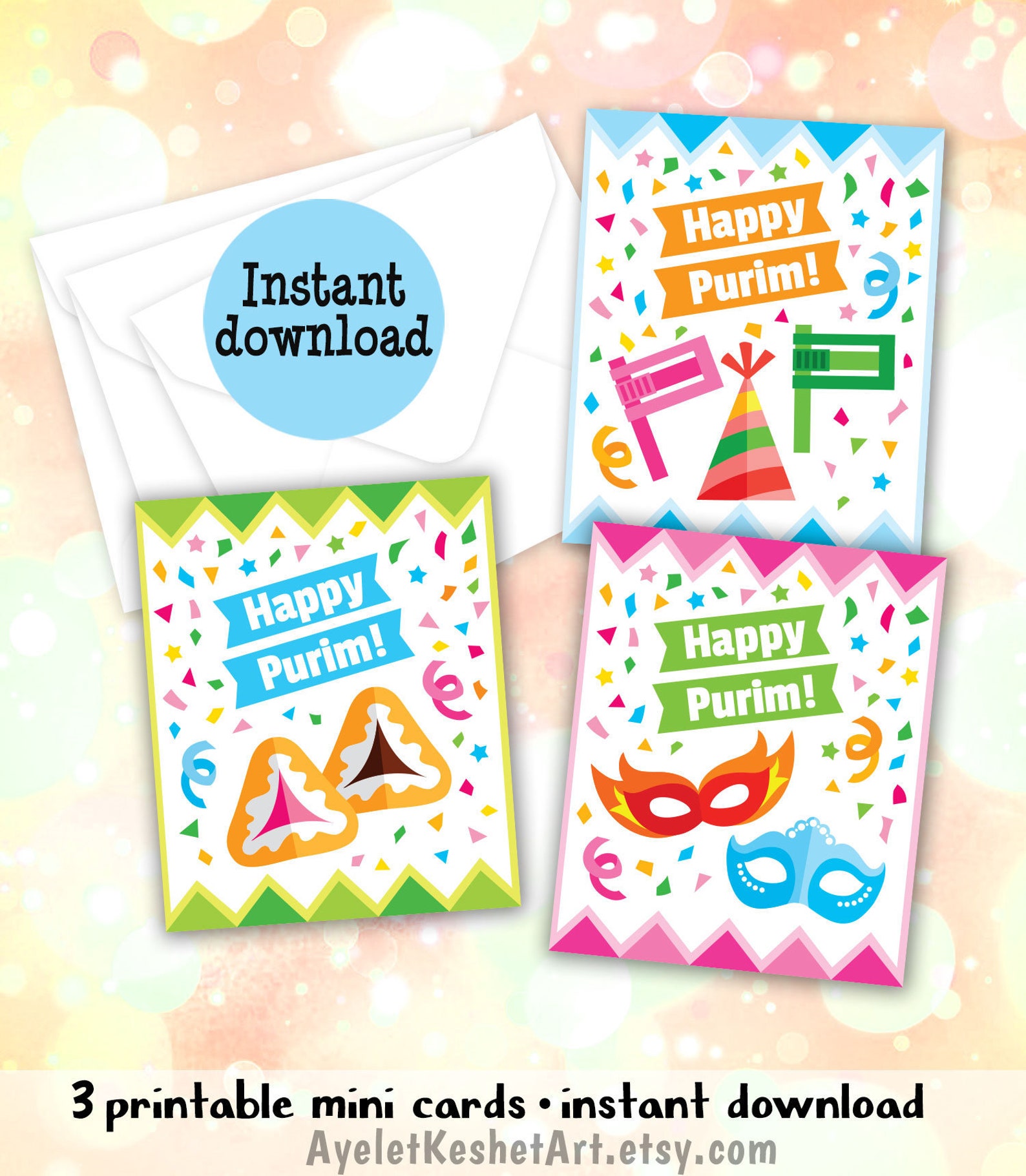 Printable Happy Purim Card Set &amp; Envelopes. 3 Small Printable Cards or ...