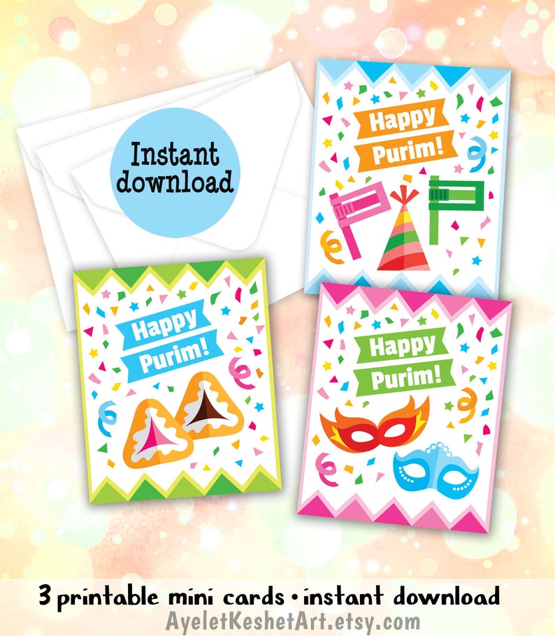 Printable Happy Purim Card Set &amp; Envelopes. 3 Small Printable Cards or ...