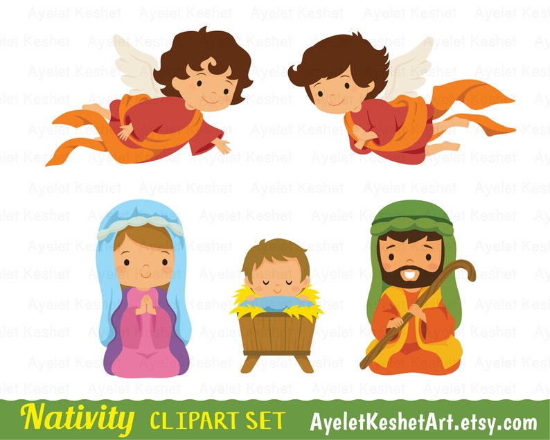 Nativity clipart set for Christmas. Digital clipart bundle with cute illustrations of baby Jesus, Mary and others. PNG, SVG, EPS files. image 3