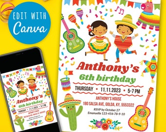Editable Fiesta Birthday Party Invitation Template to Customize in Canva. Printable invitation for a Mexican fiesta party, Instant download.