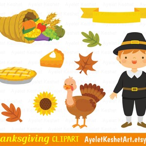 Thanksgiving clipart set with natives and pilgrims, autumn leaves, pumpkins and items for fall. PNG, SVG, EPS vector files. image 6