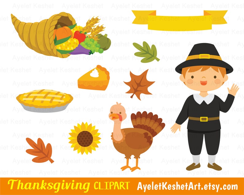 Thanksgiving clipart set with natives and pilgrims, autumn leaves, pumpkins and items for fall. PNG, SVG, EPS vector files. image 6