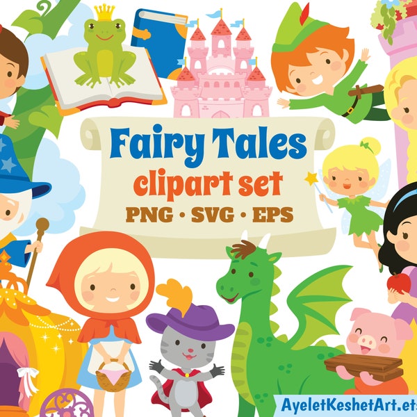 Fairy tale clipart set. Cinderella, Snow White and other characters from books and fantasy. SVG, PNG, EPS. For personal & commercial use.