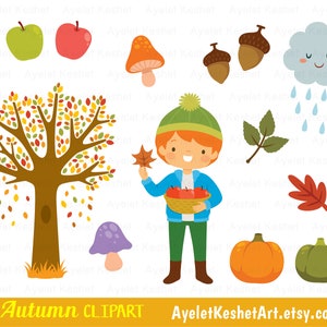 Cute fall clipart set with autumn leaves, kids, forest animals and items for fall. Personal & commercial use. PNG, SVG, EPS vector files. image 6