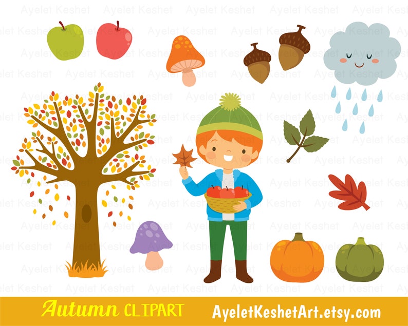 Cute fall clipart set with autumn leaves, kids, forest animals and items for fall. Personal & commercial use. PNG, SVG, EPS vector files. image 6