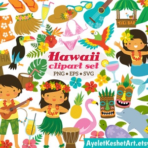 Conjunto de imágenes prediseñadas tropicales. Paquete de imágenes de Hawái, playa y verano para uso personal y comercial. Archivos PNG, SVG y EPS. Descarga instantánea.