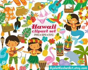 Tropical clipart set. Hawaii, beach and summer clipart bundle for personal & commercial use. PNG, SVG, EPS files. Instant download.