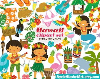 May include: A set of colorful digital clipart featuring Hawaiian themed illustrations, including a hula dancer, a mermaid, a toucan, a pineapple, a pink flamingo, a ukulele, a tiki mask, a surfboard, a lei, a coconut, a palm tree, a hibiscus flower, a lei, a guitar, a cocktail, a tiki bar, and the text "Aloha" and "Hawaii clipart set".